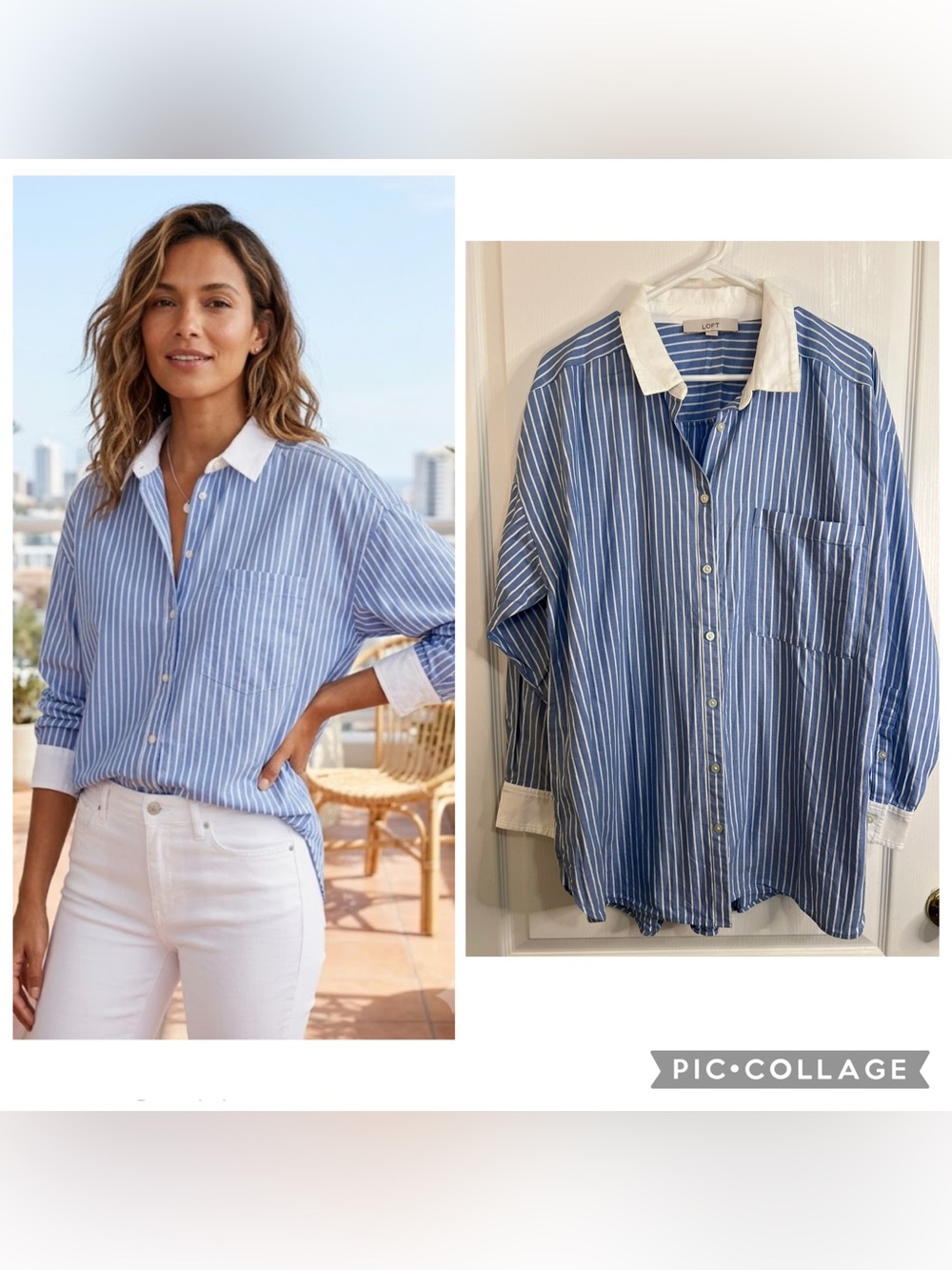 LOFT Blue and White Striped Contrast Collar Shirt size XL